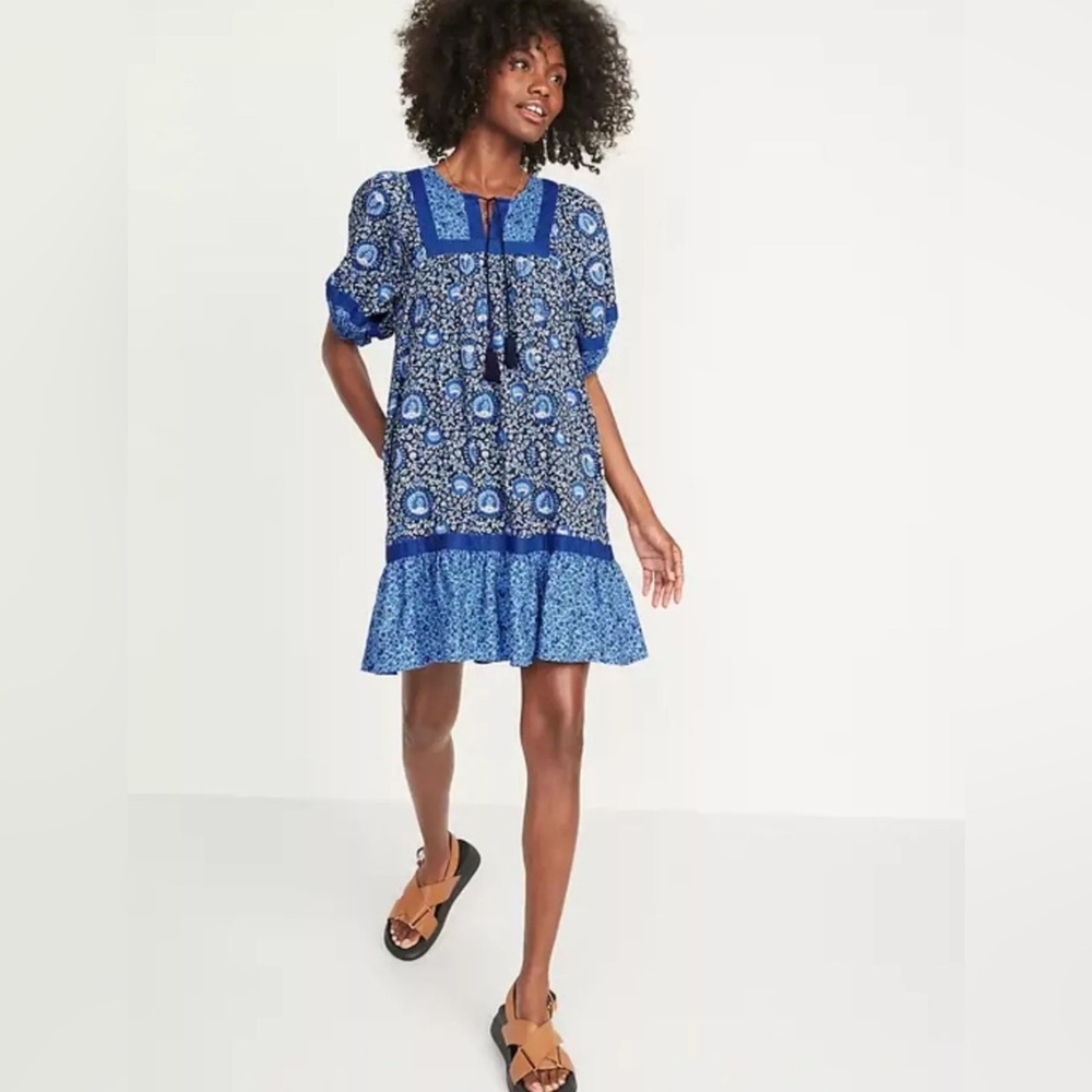Old Navy Puff-Sleeve Tassel Blue Floral Printed Mini Swing Dress